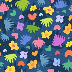 Fototapeta na wymiar Simple baby kids seamless pattern. Flowers, hearts