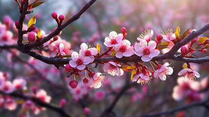 Macro Cherry Blossom Tree Branch with Spring Blossom Flower in Bokeh Background. Generative AI