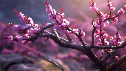 Macro Cherry Blossom Tree Branch with Spring Blossom Flower in Bokeh Background. Generative AI