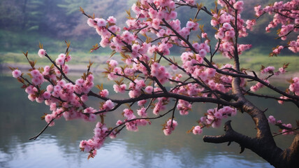 Fototapeta premium Captivating Macro Shot of pink ume blossom japanese plum Tree Branch. Generative AI