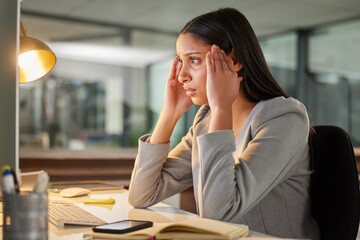 Headache, stress and computer of business woman burnout, fatigue or mental health problem in night...