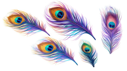 radiant peacock feathers with iridescent hues isolated on a transparent background for design layouts