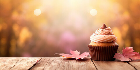 Cupcake with autumn leaves on wooden table, autumn blurry background, Generative AI