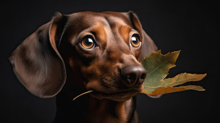 Dachshund dog is holding a leaf with his mouth