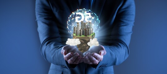 Concept of 5g technology with floating island