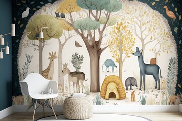 Cute animals among the trees, Kids room wallpaper design, Generative ai