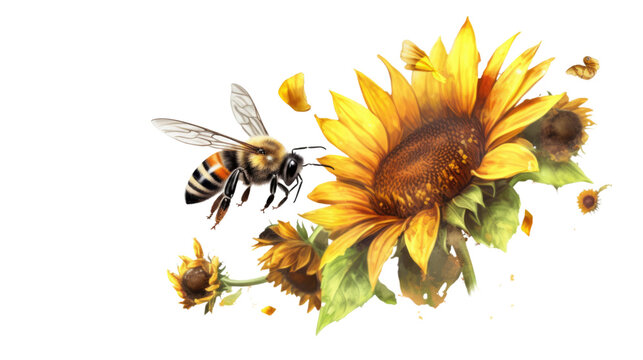 Fototapeta playful bumblebee buzzing around a blooming sunflower isolated on a transparent background for design layouts