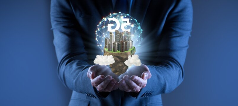 Concept of 5g technology with floating island