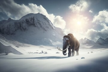 mammoth in the mountains, winter setting, cold, snow, Generative ai