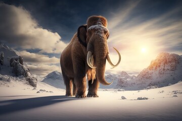 mammoth in the mountains, winter setting, cold, snow, Generative ai