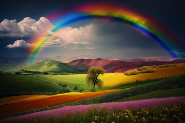 landscape of rainbow, rolling hills, countryside, spring flowers, Generative ai