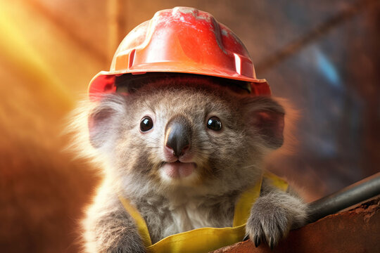 Portrait of a cute young fluffy coala wearing safety helmet as a builder, Generative AI
