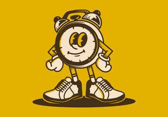 Mascot character of a alarm clock in an upright standing position