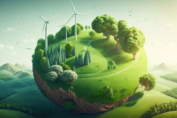 landscape image of Earth, windmills, green trees, Generative ai
