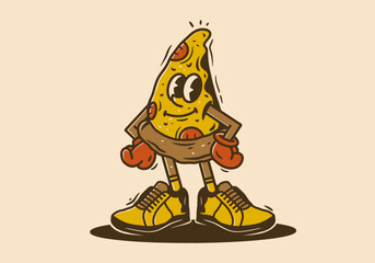 Mascot character of a pizza slice in an upright standing position
