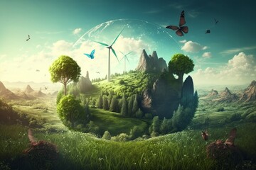 landscape image of Earth, windmills, green trees, butterflies, Generative ai
