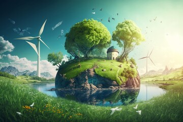 landscape image of Earth, windmills, green trees, butterflies, Generative ai
