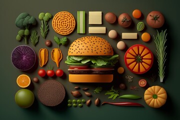 knolling image of a burger made of vegetables, Generative ai