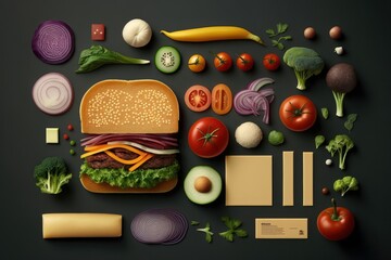 knolling image of a burger made of vegetables, Generative ai