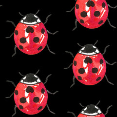 Red ladybugs watercolor seamless pattern. Endless summer print with colorful bugs. Hand drawn background for fabric and wrapping paper.
