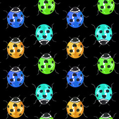 Fototapeta premium Multicolored ladybugs watercolor seamless pattern. Endless summer print with bright neon bugs. Hand drawn background for fabric and wrapping paper.