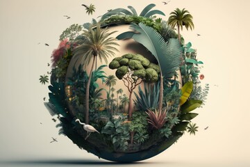the globe in a circle tropical palm trees, exotic flowers and animals grow from it, Generative ai