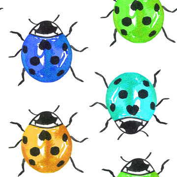 Multicolored ladybugs watercolor seamless pattern. Endless summer print with bright neon bugs. Hand drawn background for fabric and wrapping paper.