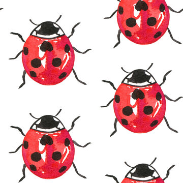 Red ladybugs watercolor seamless pattern. Endless summer print with colorful bugs. Hand drawn background for fabric and wrapping paper.