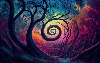 spiraling painting of a fantasy forest, lots of swirls, Vivid colors, Generative ai