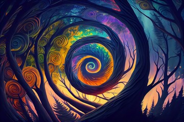 spiraling painting of a fantasy forest, lots of swirls, Vivid colors, Generative ai