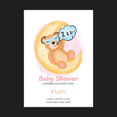 Cute baby shower watercolor invitation card for baby and kids new born celebration. elephant, bear 