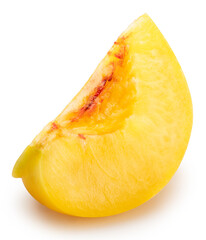 Shiny Yellow Peach fruit with leaf isolated on white background, Fresh Peach on White Background With clipping path,