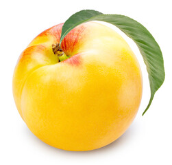 Shiny Yellow Peach fruit with leaf isolated on white background, Fresh Peach on White Background With clipping path,