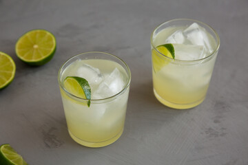 Homemade Cold Refreshing Iced Limeade in a Glass, side view.