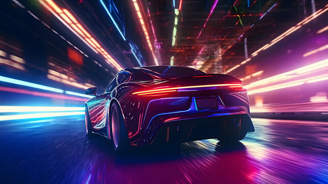 Dark Supercar Driving Fast on Highway.