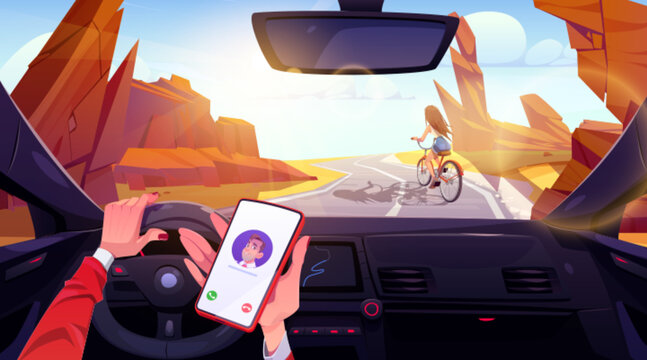 Driver inside car holding phone in hand on desert road cartoon background illustration. Windshield view on woman ride bicycle in canyon highway. Mobile calling interface and steering at sunny day.