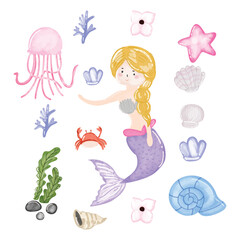 Set of kawaii mermaid isolated on white background. Mermaid tail, seashells, crown, bubbles, coral and pearl on an isolated white background. Watercolor drawing. Watercolor Mermaid and Elements design