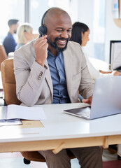 Call center, black man and smile at laptop for customer service, support and telemarketing. Happy...