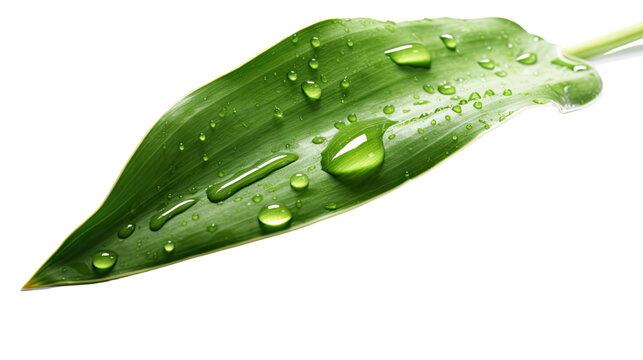 curved banana leaf with dewdrops isolated on a transparent background for design layouts
