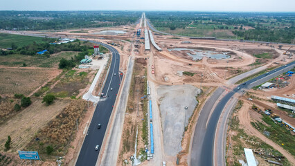Naklejka premium A large bridge is under construction.Expanding roads outside the city to increase traffic lanes