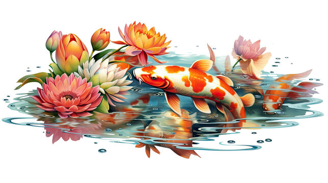 colorful and serene koi fish swimming among lotus flowers isolated on a transparent background for design layouts
