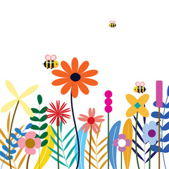 Floral backdrop decorated with gorgeous multicolored flowers and leaves border spring botanical flat vector illustration on white background.