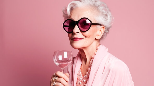Modern senior woman in stylish pink clothes with glasses, Barbicor style, holding a glass of champagne. Portrait of a happy woman Generative AI