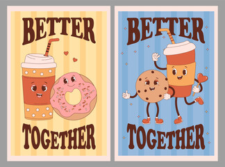 Cool retro posters with cute characters. Coffee in paper cup takeaway, donat and chocolate chip cookies. Vector illustration. Funny nostalgic mascot drink and food.