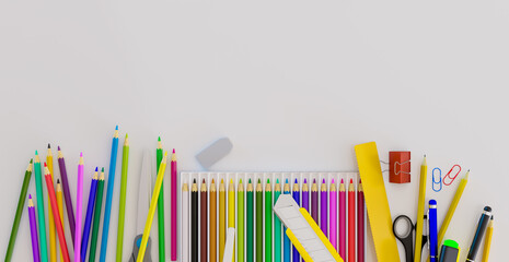 pre school drawing set with copy space, 3d illustration rendering