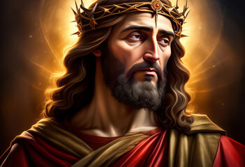 Jesus Christ with crown of thorns on his head on light background.