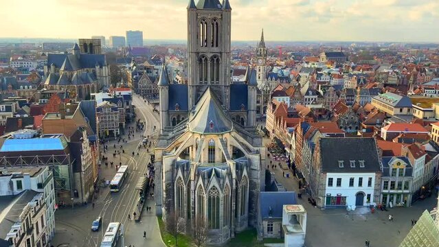View from Belfort tower with St. Nicholas Church, Ghent, Belgium. March 2023