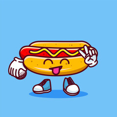 Vector illustration of kawaii hot dog cartoon character with stick golf and ball. Vector eps 10