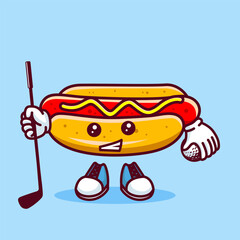 Vector illustration of kawaii hot dog cartoon character with stick golf and ball. Vector eps 10