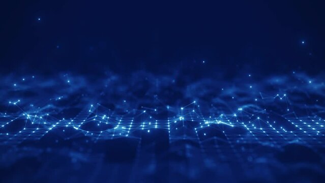 Abstract concepts of cybersecurity technology and digital data protection. Protect internet network connection with polygons, dots and lines with dark blue background, center focus, side blur.